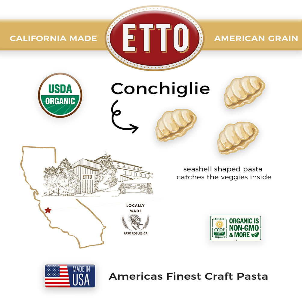 ETTO pasta packaging with USDA Organic, Non-GMO, and Made in USA labels on a white background.
