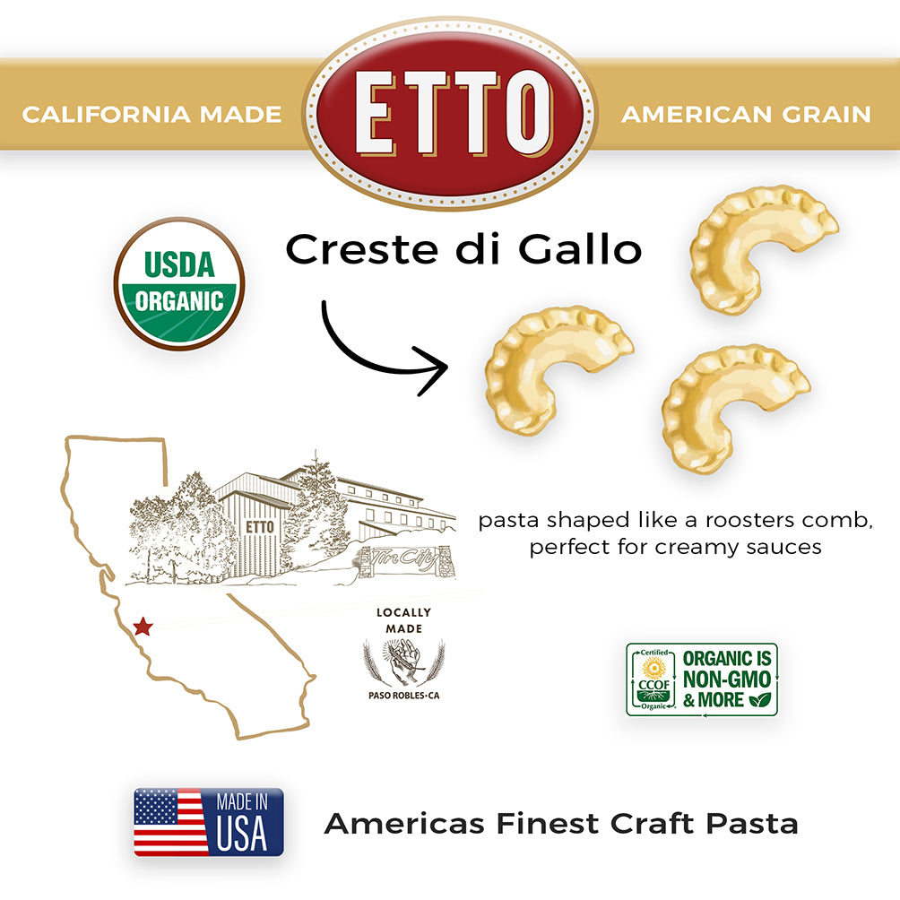 ETTO pasta packaging with USDA Organic logo, map of California, and product description.