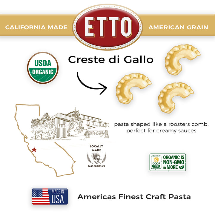 ETTO pasta packaging with USDA Organic logo, map of California, and product description.