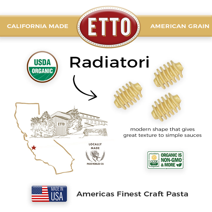 ETTO Radiatori pasta packaging with branding, USDA Organic label, and pasta shapes.