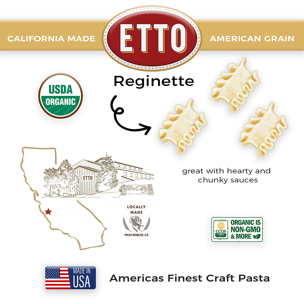 ETTO pasta packaging with USDA Organic, Made in USA, and Locally Made labels on a white background.