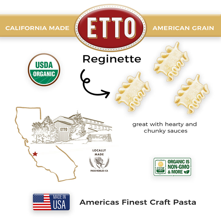 ETTO pasta packaging with USDA Organic, Made in USA, and Locally Made labels on a white background.