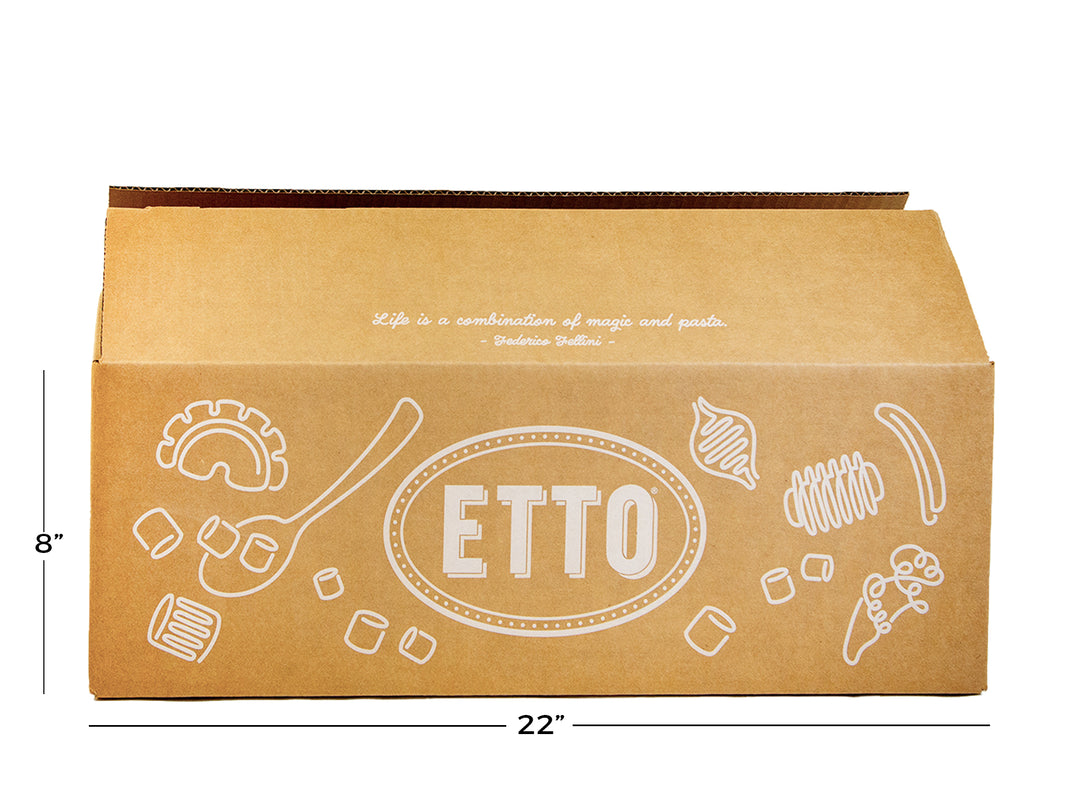 Kraft paper box with 'ETTO' branding and measurements on a white background