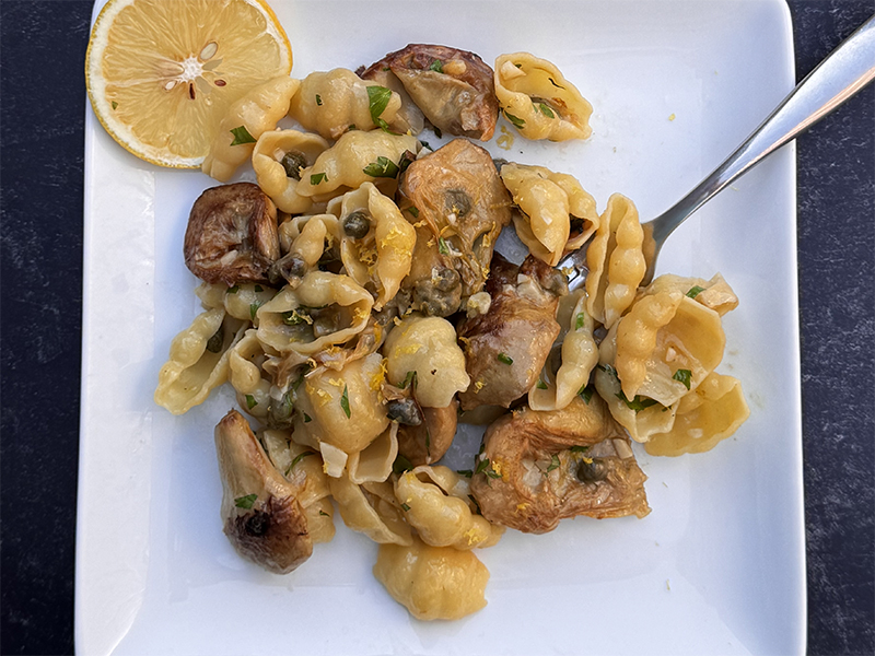 Pasta with Roasted Artichokes, Mushrooms, Capers, and Lemon Zest