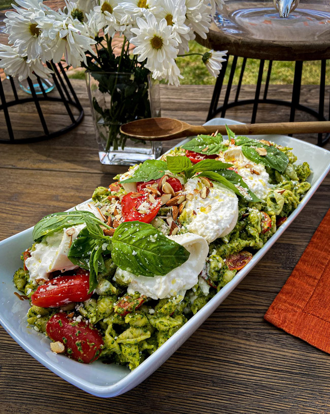 Caprese Pasta Salad with Shallots and Burrata