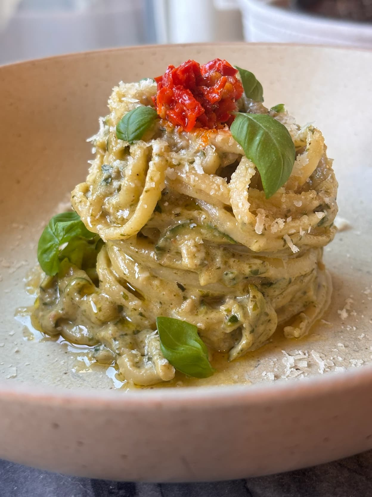 Zucchini Alfredo Pesto with Linguine