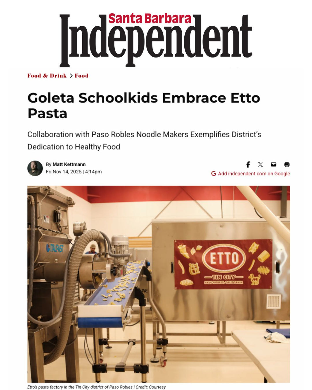 Goleta Schoolkids Embrace Etto Pasta