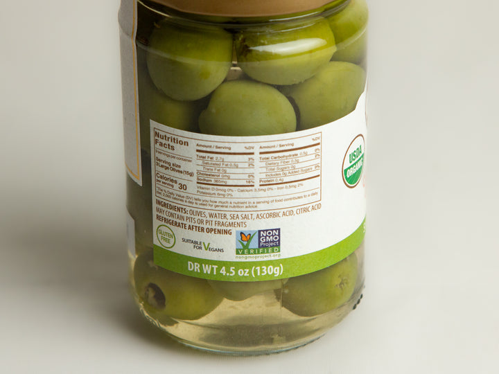 Asaro Organic Castelvtrano Green Olives Nutrition information in glass jar