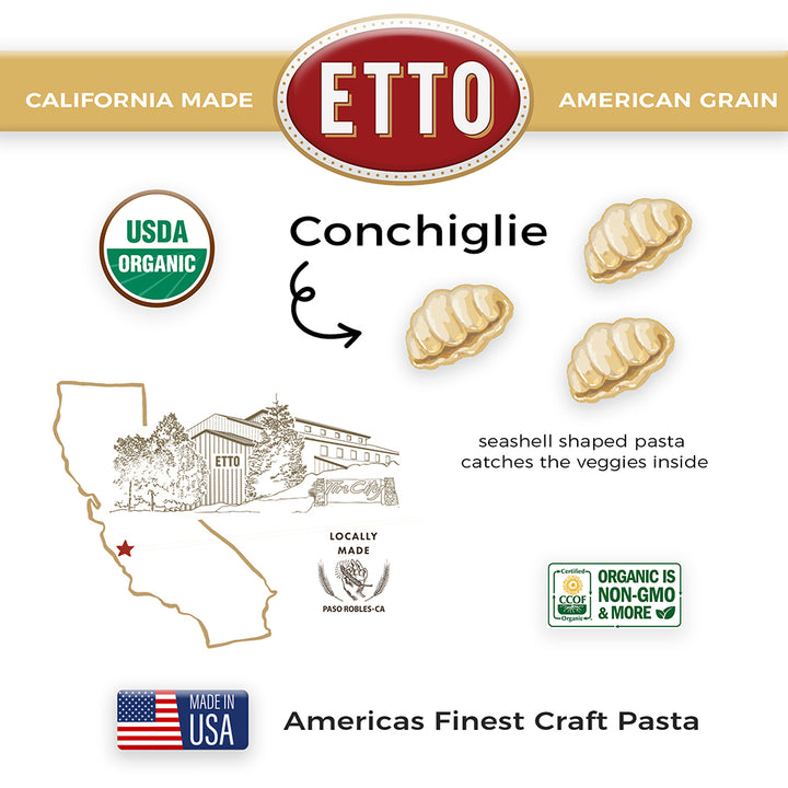 ETTO pasta packaging with USDA Organic, Non-GMO, and Made in USA labels on a white background.