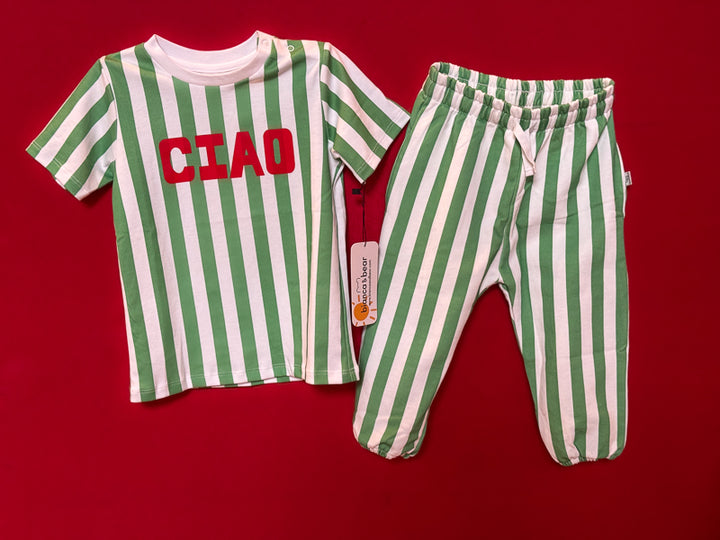 green striped tee shirt and jogger pants with CIAO printed in red on the tee shirt