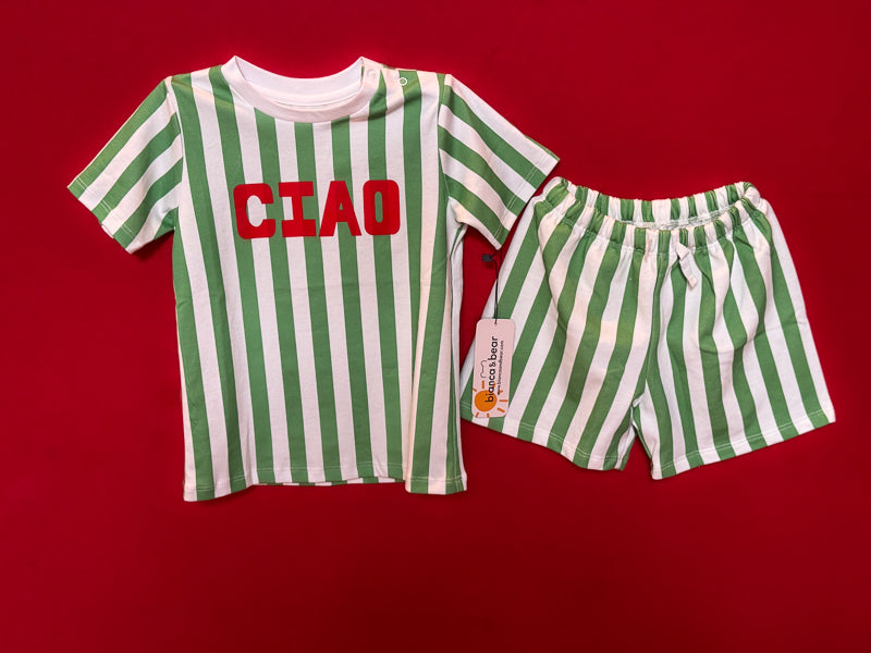 green striped tee shirt and shorts with CIAO printed in red on the tee shirt