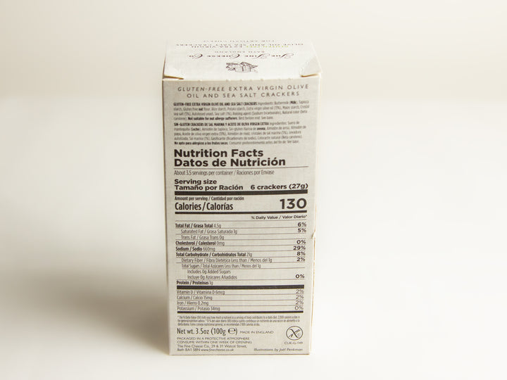 box of Gluten Free EVOO and Sea Salt Crackers nutrition facts
