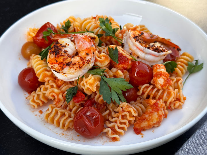 radiatori pasta with shrimp, cherry tomatoes and 'nduja