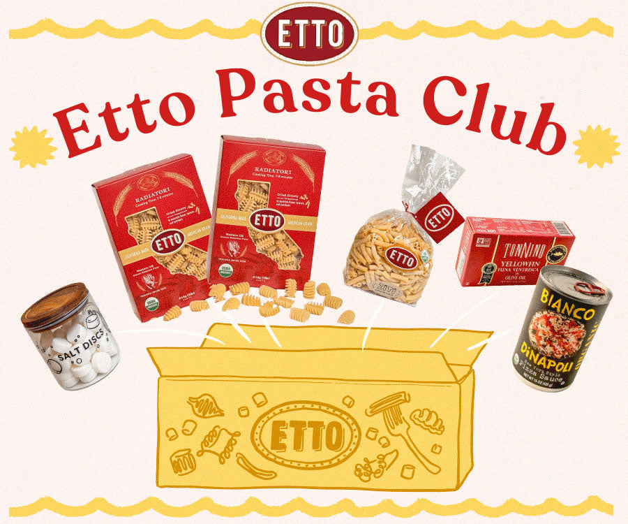 Etto Pasta Club packaging with various pasta products and a yellow box on a white background.